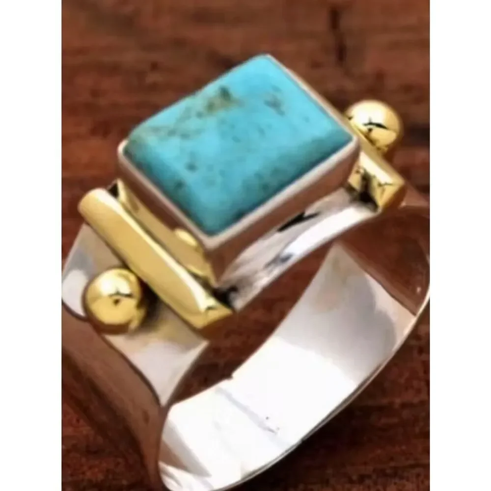 Ring Retro Boho-Chic Square Turquoise Wide Band Beaded Bohemian Minimalist